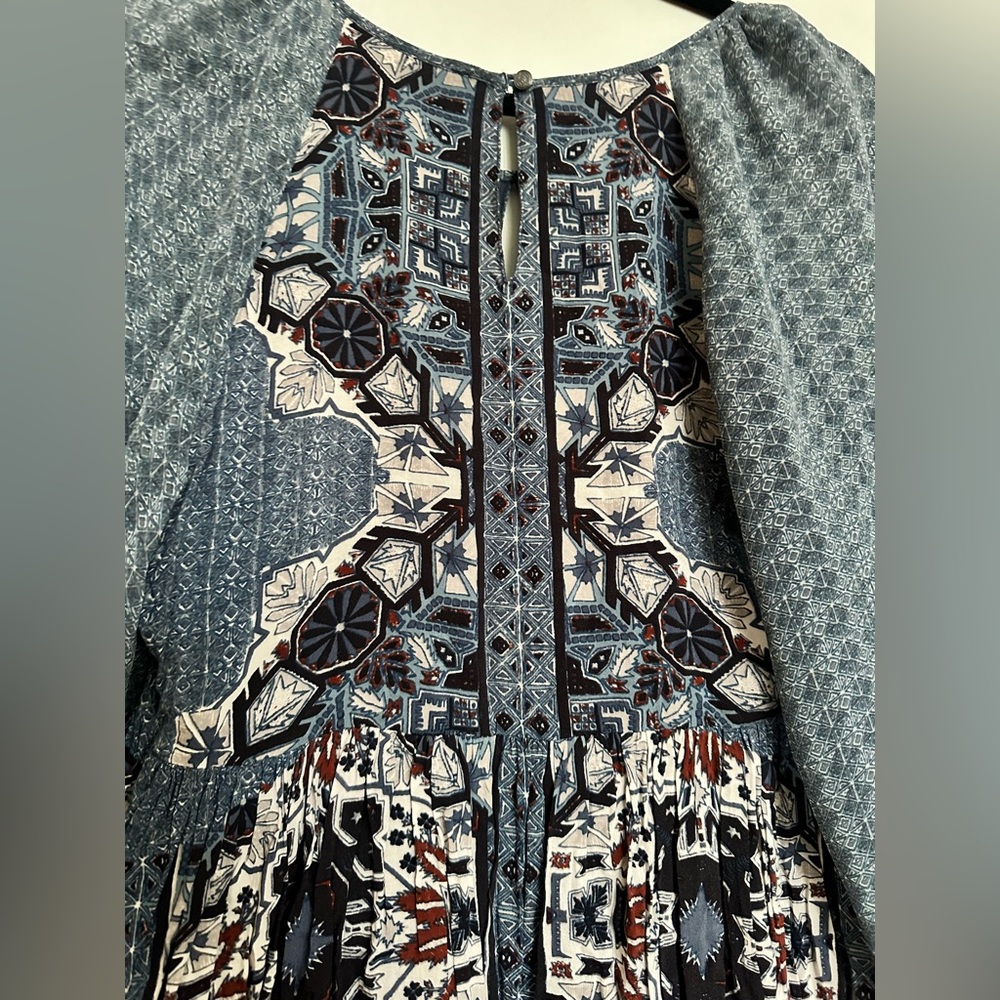 Free People Oksana Mini Dress Marine Blue Women’s Boho Peasant Puff Sleeve - Picture 2 of 6